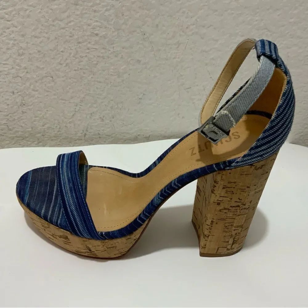 Schutz Womens Platform Block cork Heels Shoes Blue Leather Ankle Strap 8B